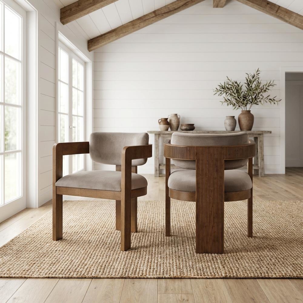 Brown Velvet Dining Chairs Set of 2 with Armrests and Art Deco Style