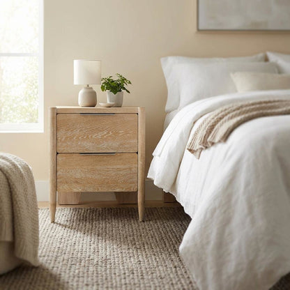White Oak Nightstand with Brushed Oak Finish and Mid Century Style
