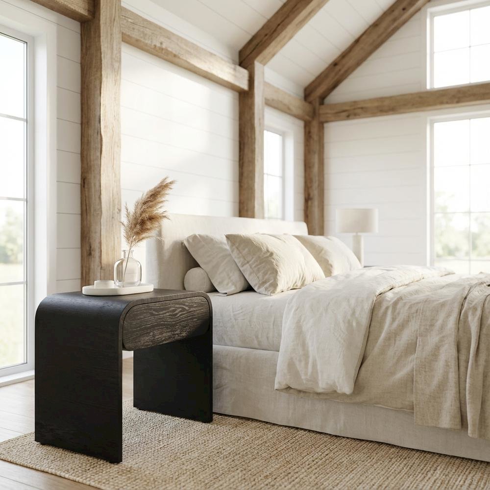 Black Oak Nightstand with Brushed Oak Finish and Mid Century Style