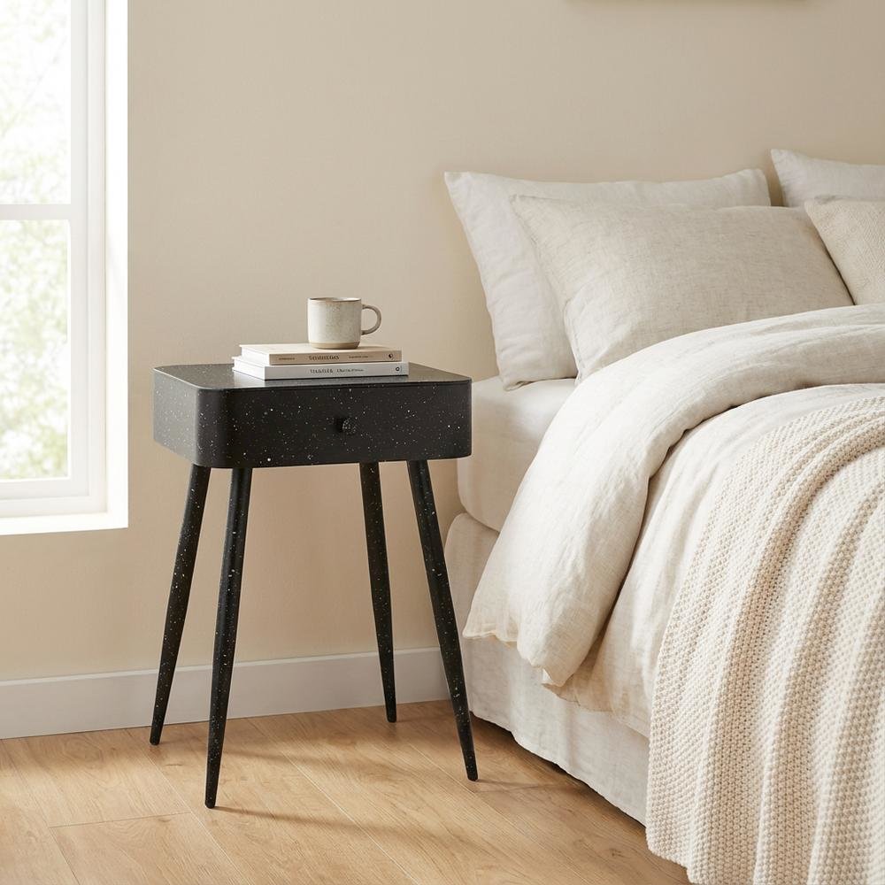 Black Iron Nightstand with Contemporary Style and Terrazzo Black Finish
