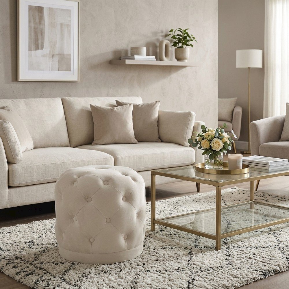 Velvet Upholstered Ottoman Stool with Foam Seat, Tufted Foot Rest, Cream Velvet