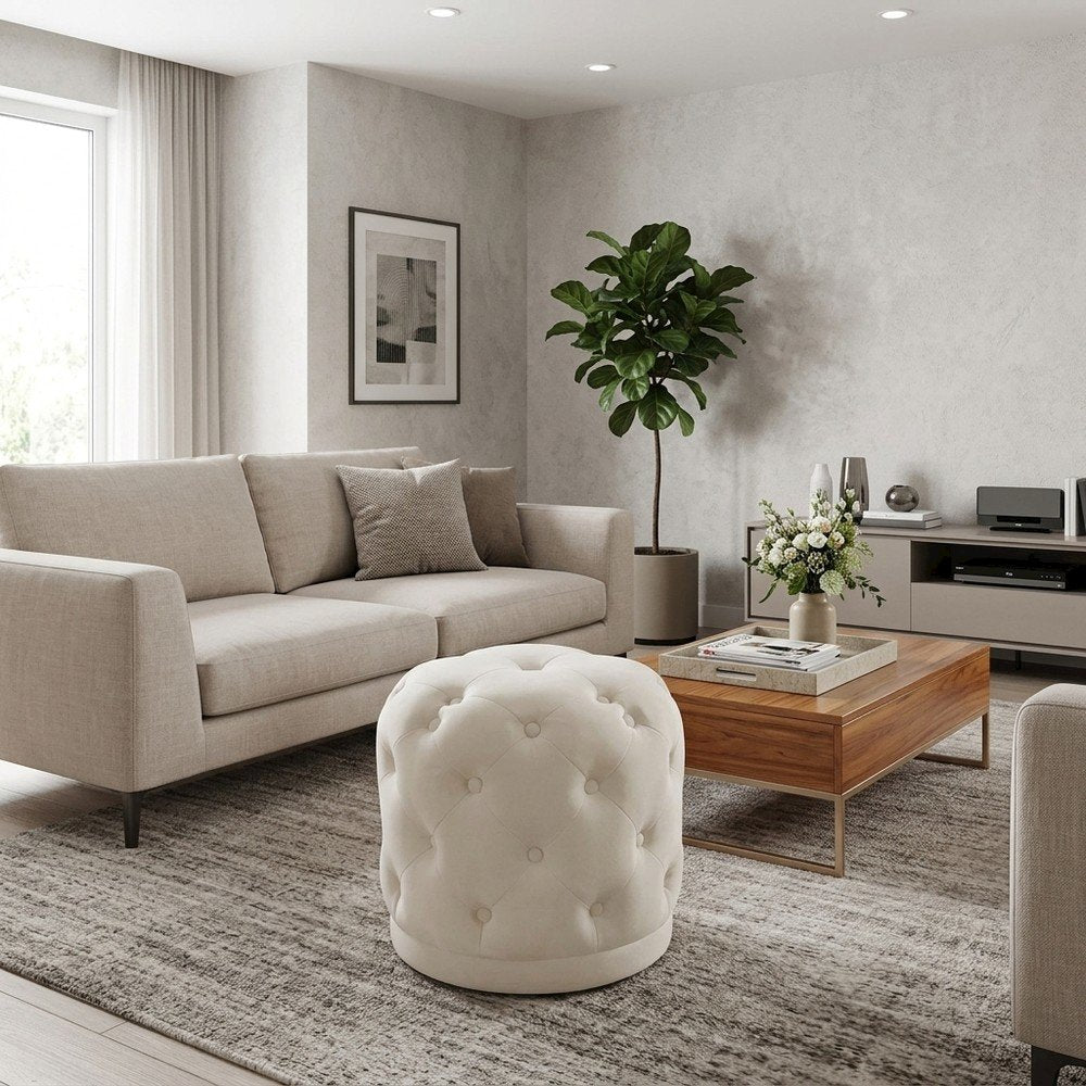 Velvet Upholstered Ottoman Stool with Foam Seat, Tufted Foot Rest, Cream Velvet