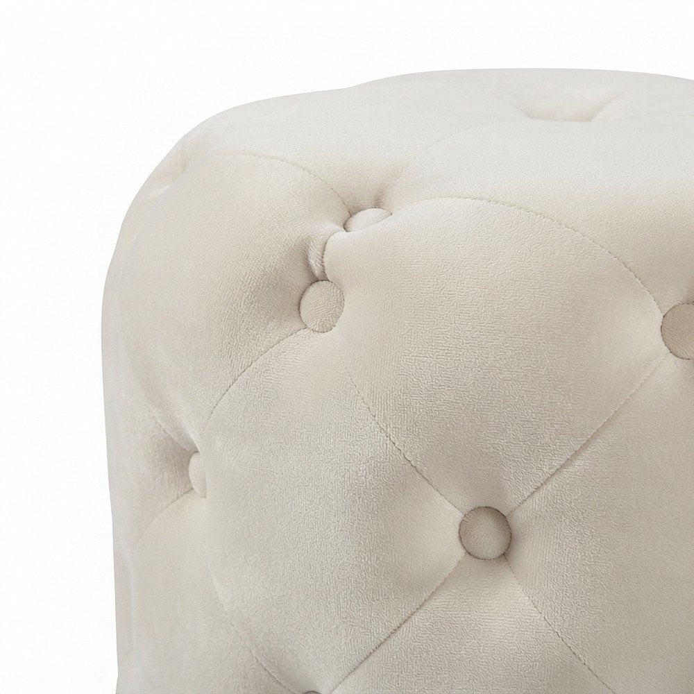 Velvet Upholstered Ottoman Stool with Foam Seat, Tufted Foot Rest, Cream Velvet