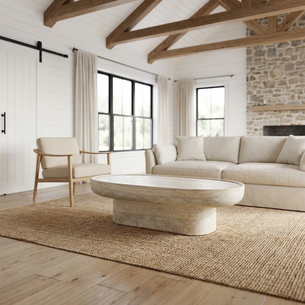 Concrete Indoor/Outdoor Coffee Table with Travertine Finish and Art Deco Style
