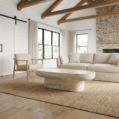 Concrete Indoor/Outdoor Coffee Table with Travertine Finish and Art Deco Style