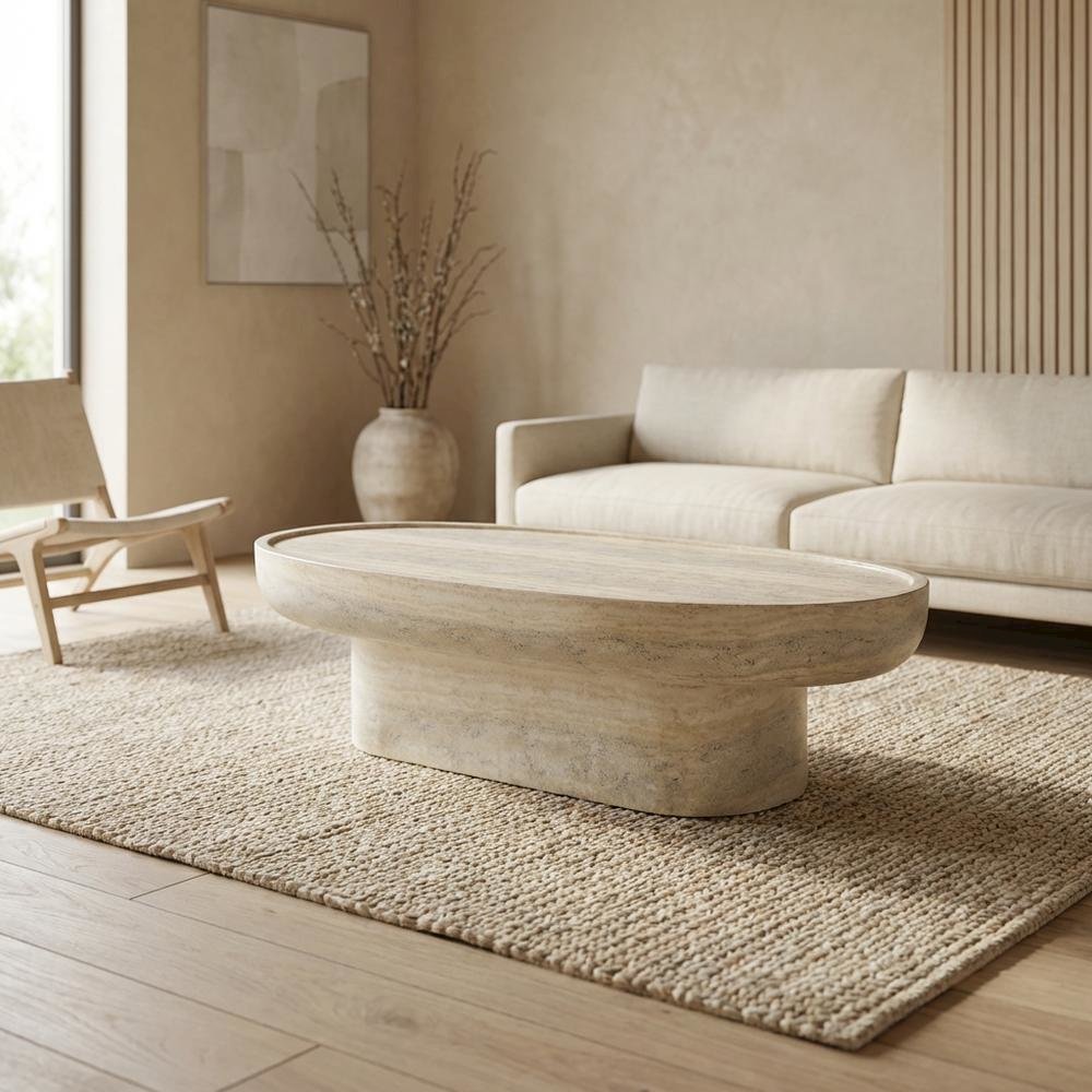 Concrete Indoor/Outdoor Coffee Table with Travertine Finish and Art Deco Style