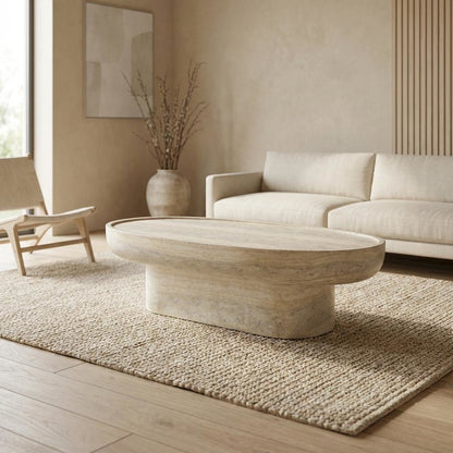 Concrete Indoor/Outdoor Coffee Table with Travertine Finish and Art Deco Style