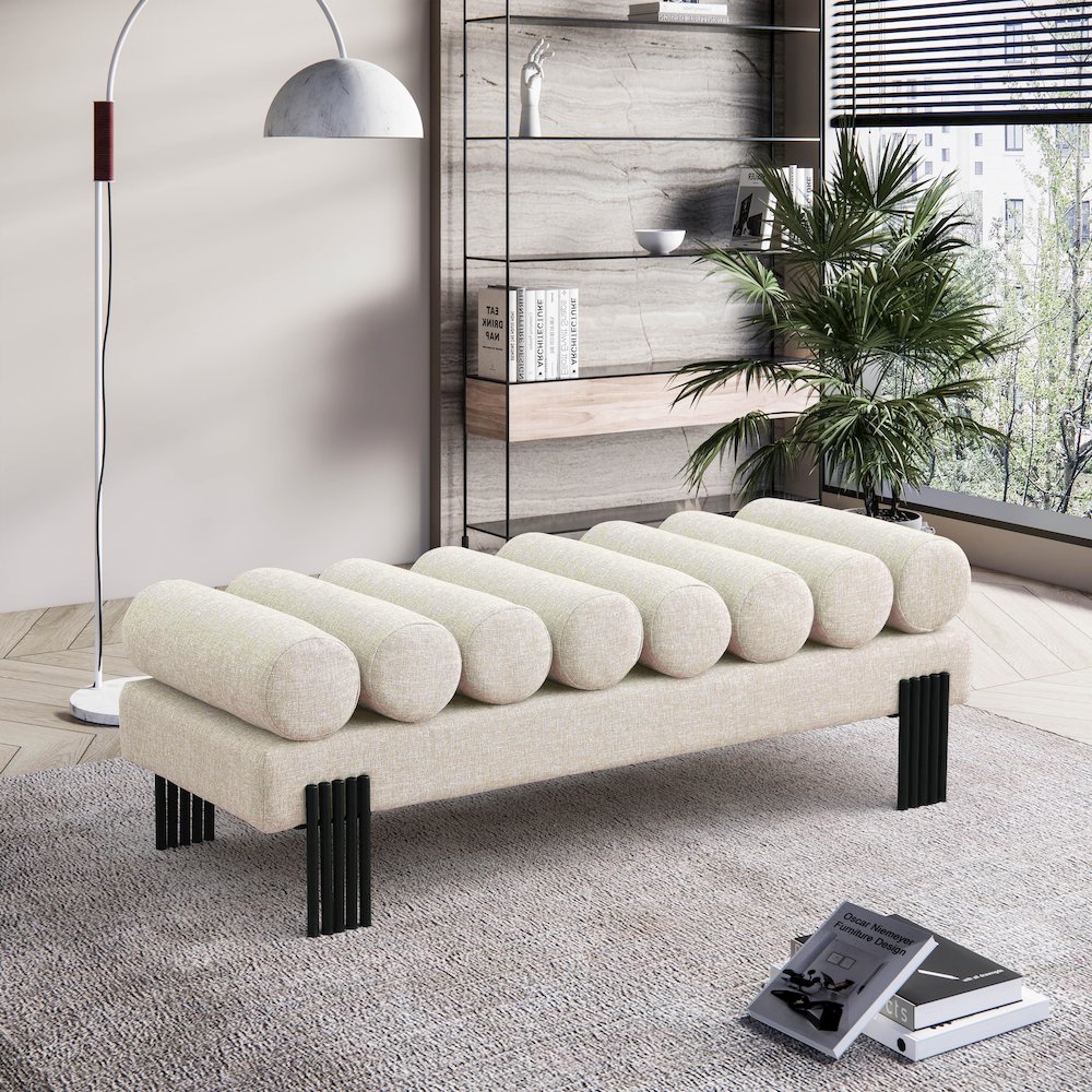 Akeela Beige Linen Textured Fabric Bench