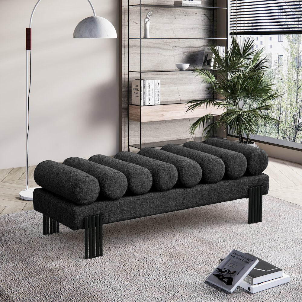 Akeela Black Linen Textured Fabric Bench