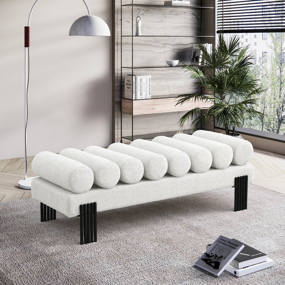 Akeela Cream Linen Textured Fabric Bench