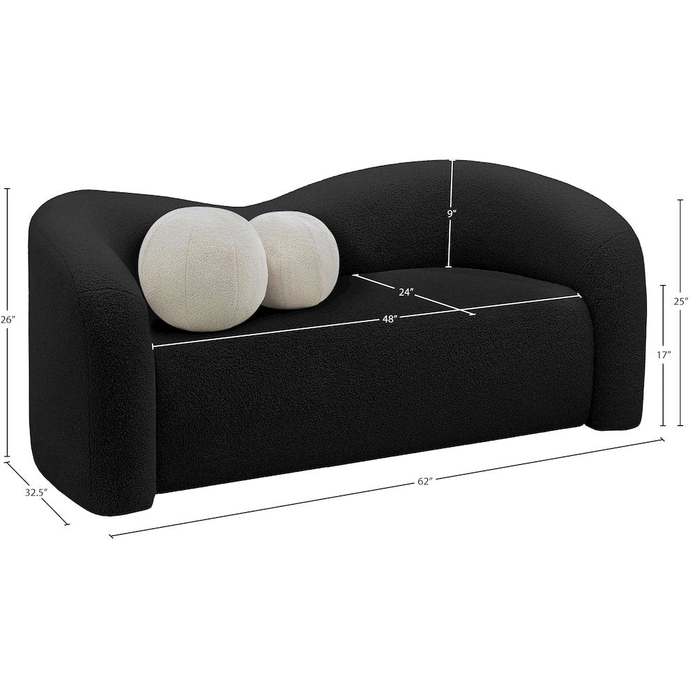 Kali Black Faux Shearling Teddy Fabric Loveseat
