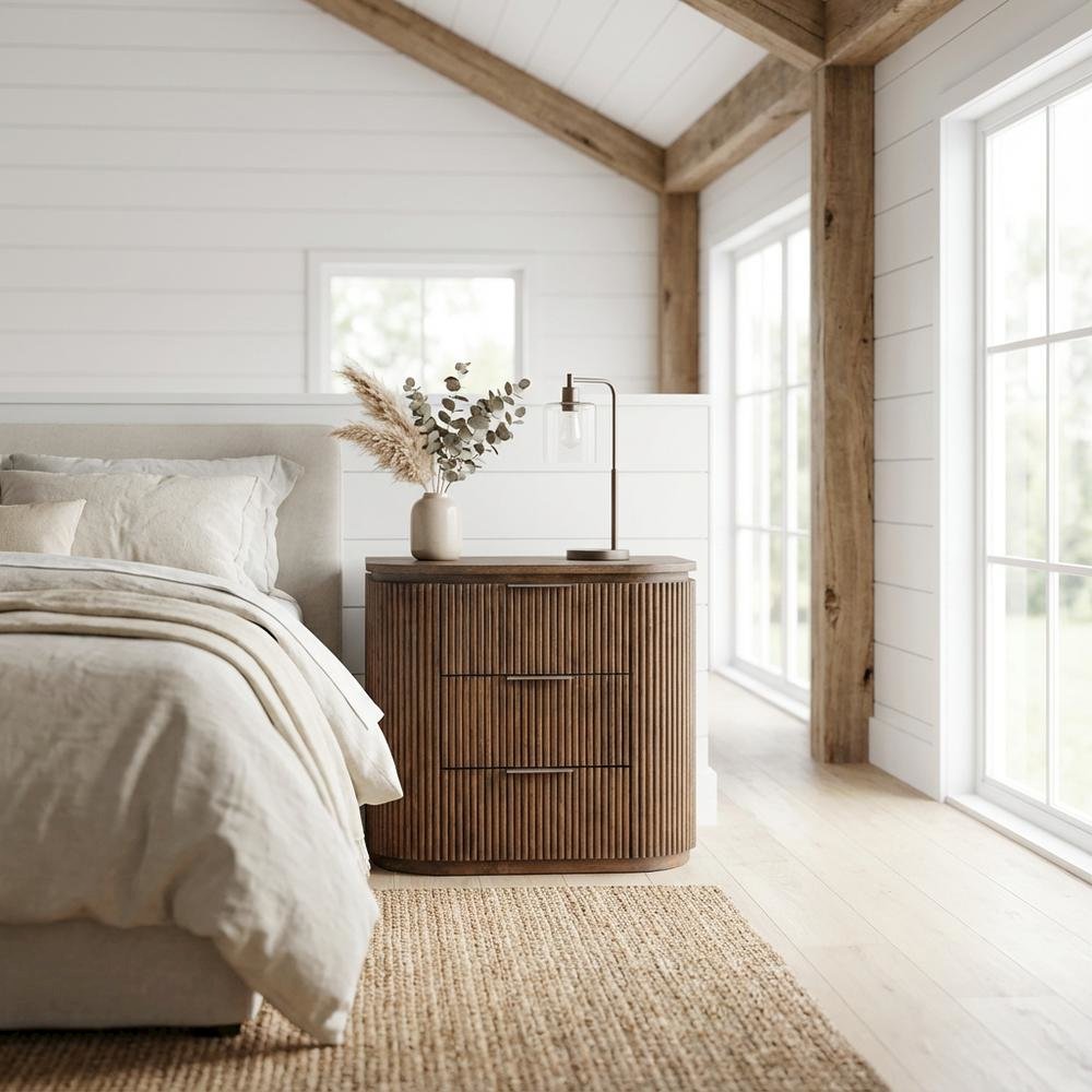 Contemporary Brown Wood Nightstand with Solid Wood and Oak Veneer Finish