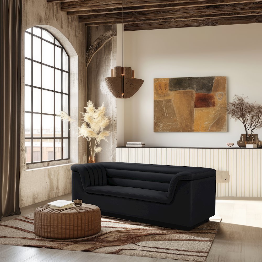 Cascade Black Velvet Fabric Loveseat