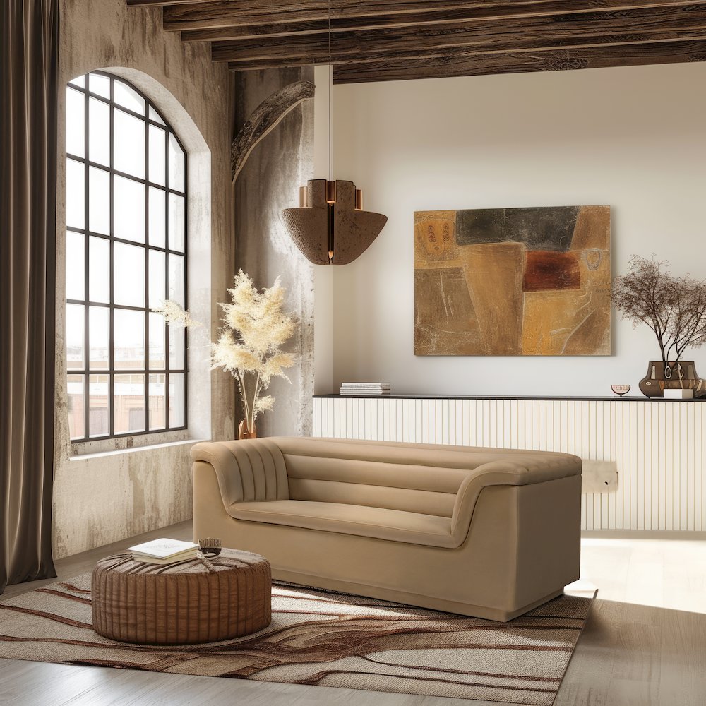 Cascade Camel Velvet Fabric Loveseat