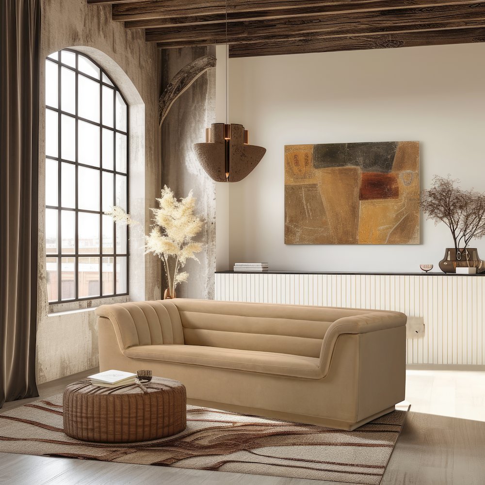 Cascade Camel Velvet Fabric Sofa