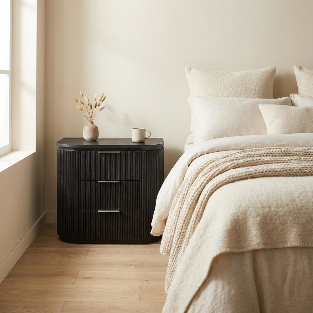 Black Solid Wood and Oak Veneer Nightstand with Contemporary Style