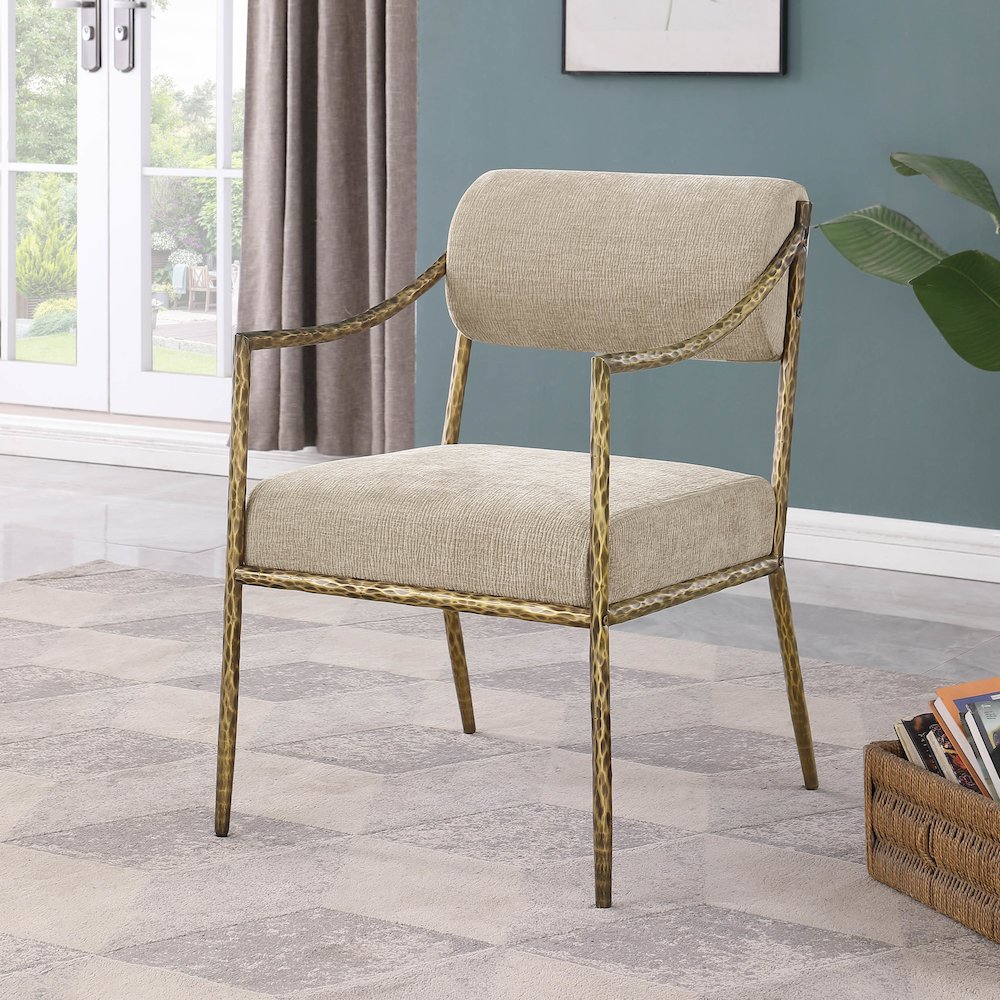 Bastille Beige Chenille Fabric Upholstered Dining Arm Chair, Set of 2