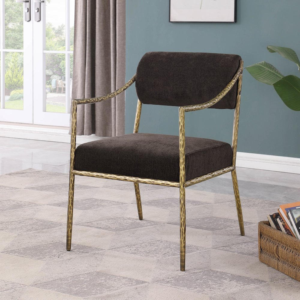 Bastille Brown Chenille Fabric Upholstered Dining Arm Chair, Set of 2
