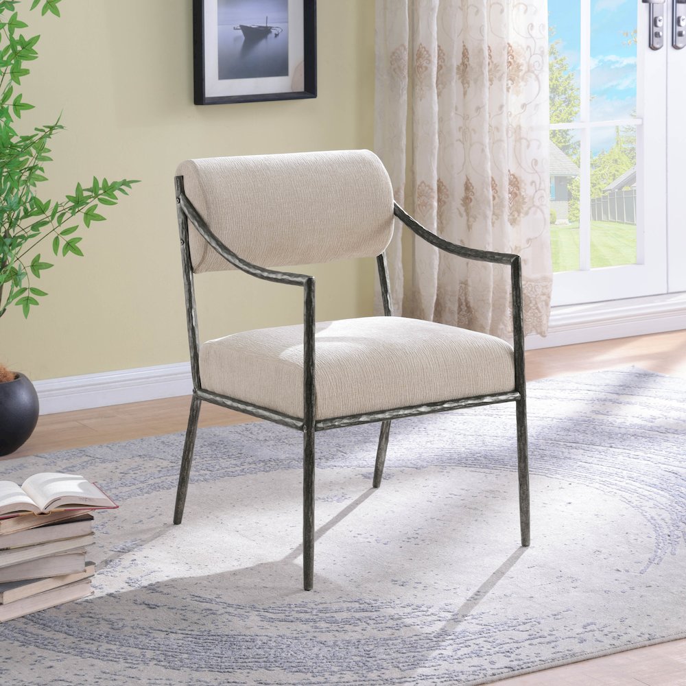 Bastille Beige Chenille Fabric Upholstered Dining Arm Chair, Set of 2