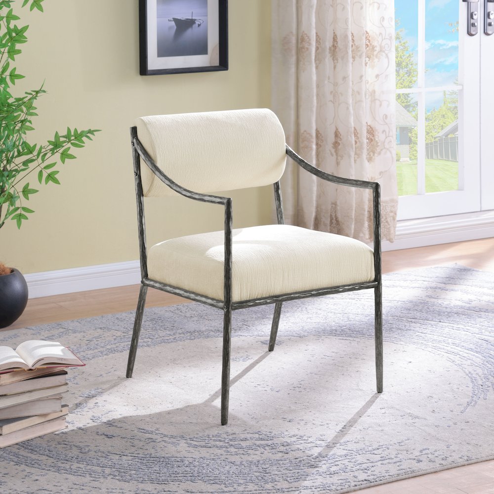 Bastille Cream Chenille Fabric Upholstered Dining Arm Chair, Set of 2