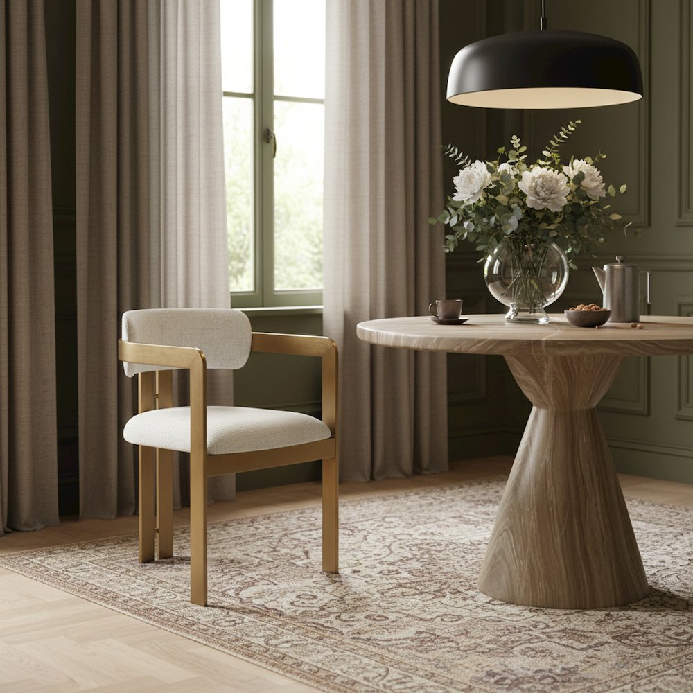 Aurum Cream Linen Textured Fabric Upholstered Dining Chair, Set of 2