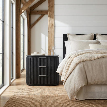 Black Solid Wood and Oak Veneer Nightstand with Contemporary Style