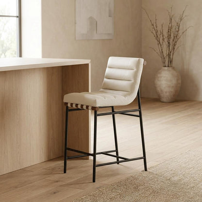 Vegan Leather & Boucle Counter Stool for Bar, Cream Vegan Leather