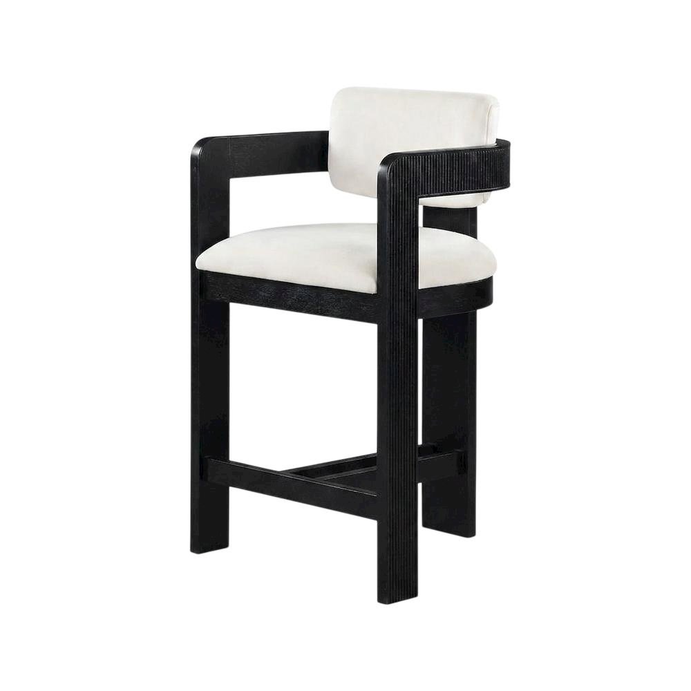 Velvet Art Deco Counter Stool, Low Back, Rubberwood Legs, Cream Velvet
