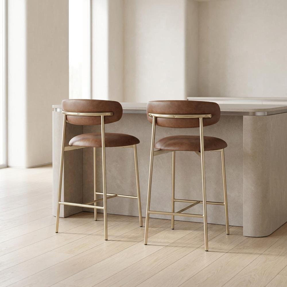 Vegan Leather Counter Stools with Back, Kitchen Island, Brown, Set of 2