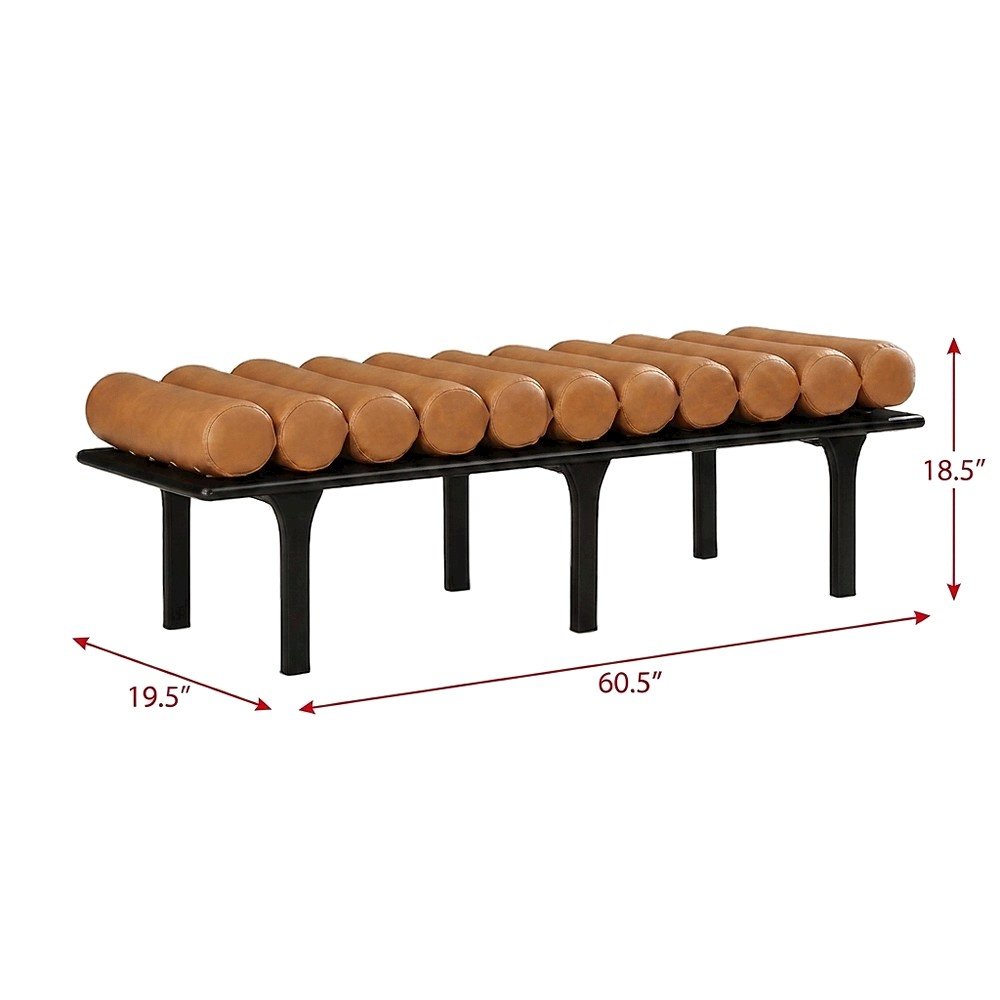 Upholstered Bench, Art Deco End of Bed Ottoman, Cognac Vegan Leather