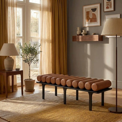 Upholstered Bench, Art Deco End of Bed Ottoman, Cognac Vegan Leather
