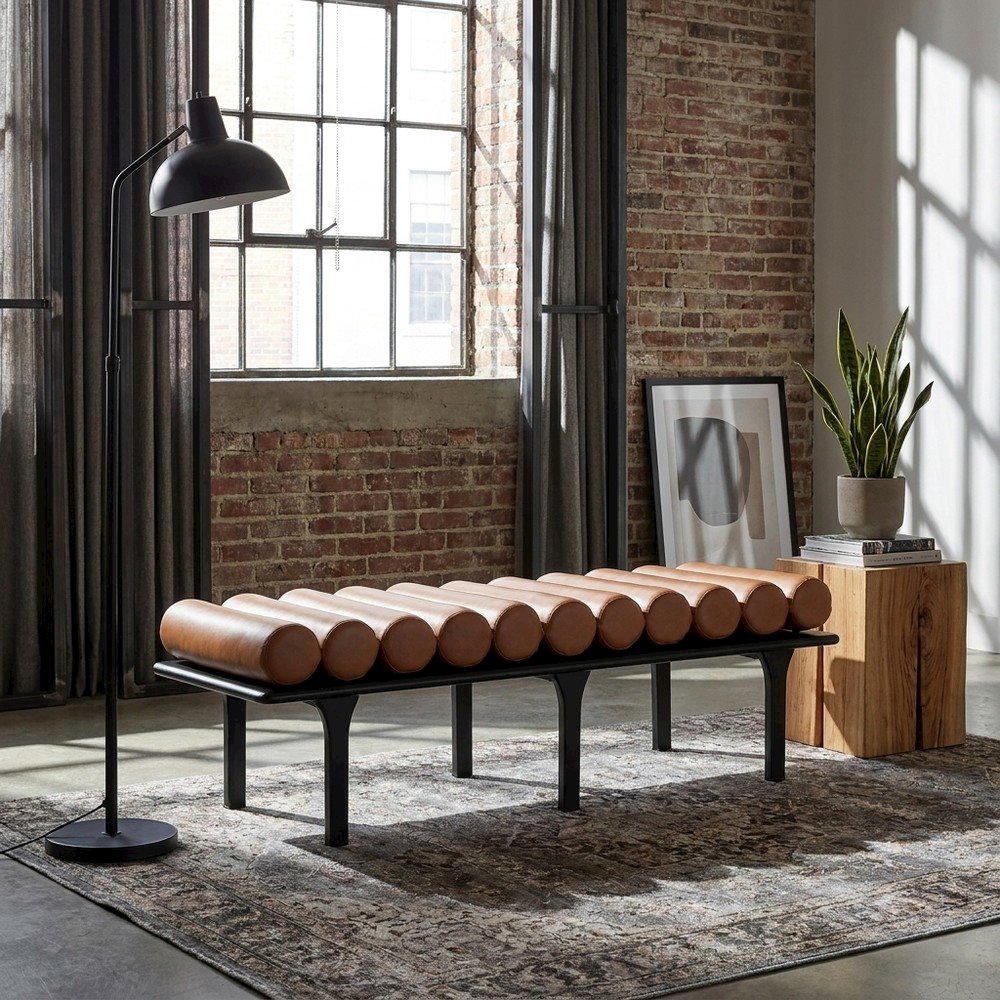 Upholstered Bench, Art Deco End of Bed Ottoman, Cognac Vegan Leather