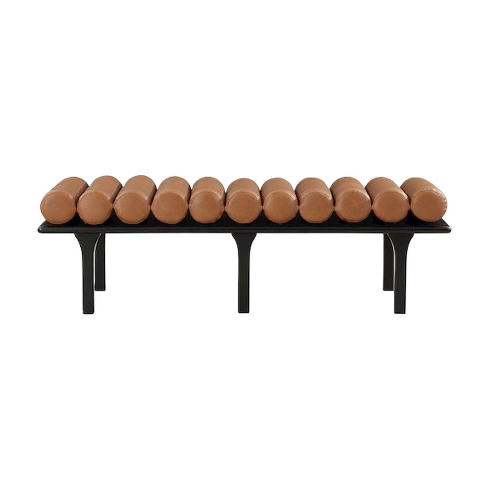 Upholstered Bench, Art Deco End of Bed Ottoman, Cognac Vegan Leather