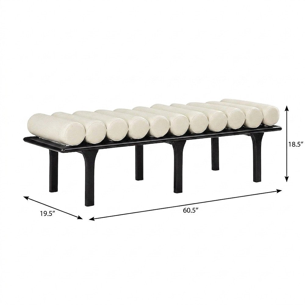 Upholstered Bench, Art Deco End of Bed Ottoman, Cream Vegan Leather