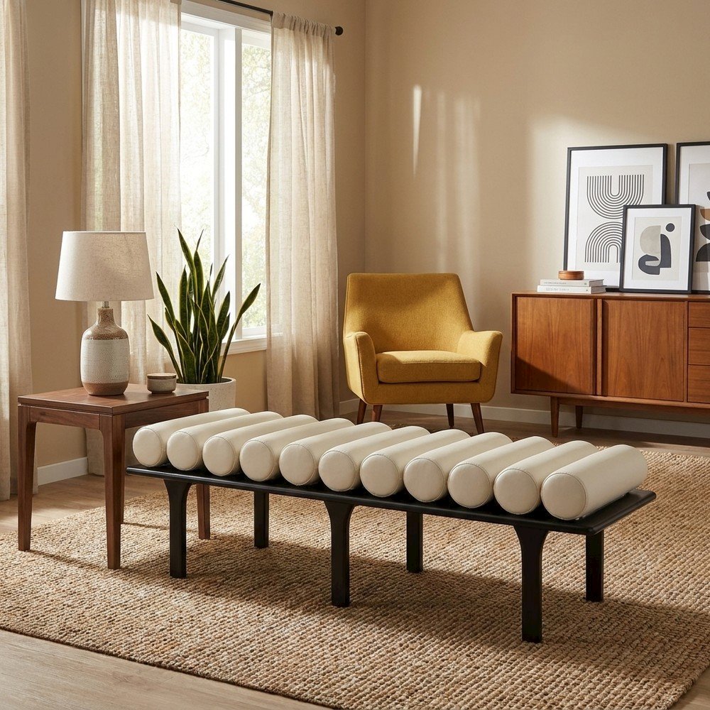 Upholstered Bench, Art Deco End of Bed Ottoman, Cream Vegan Leather