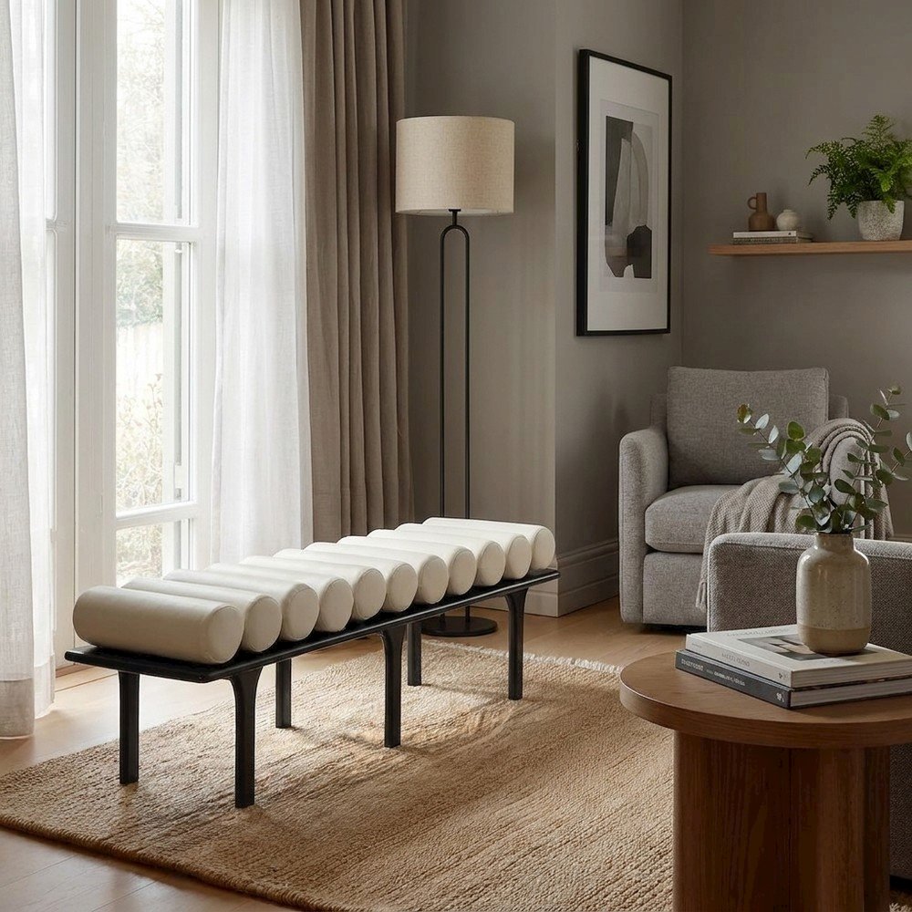 Upholstered Bench, Art Deco End of Bed Ottoman, Cream Vegan Leather