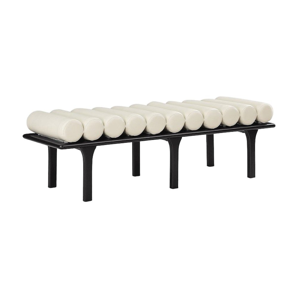 Upholstered Bench, Art Deco End of Bed Ottoman, Cream Vegan Leather