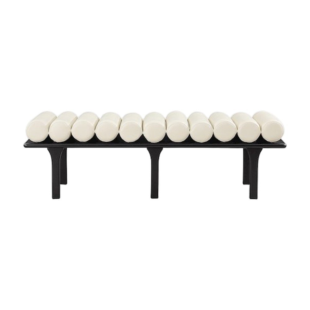 Upholstered Bench, Art Deco End of Bed Ottoman, Cream Vegan Leather