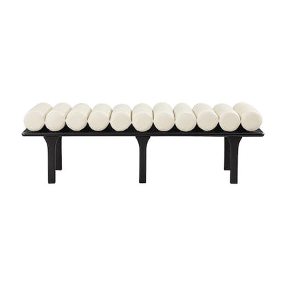 Upholstered Bench, Art Deco End of Bed Ottoman, Cream Vegan Leather