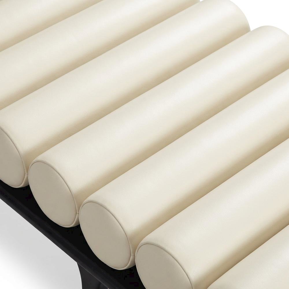 Upholstered Bench, Art Deco End of Bed Ottoman, Cream Vegan Leather