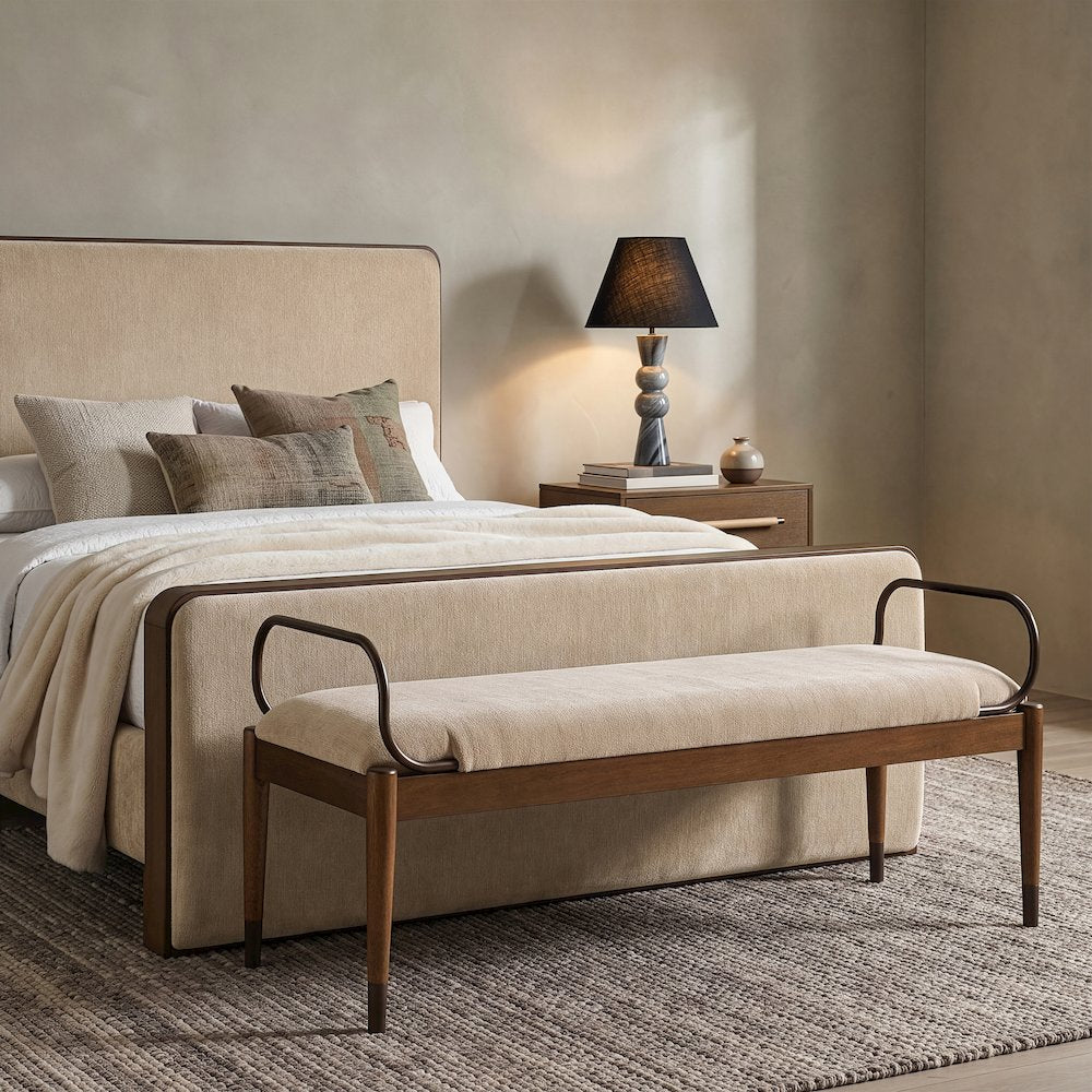Cambria Beige Performance Fabric Upholstered Bench