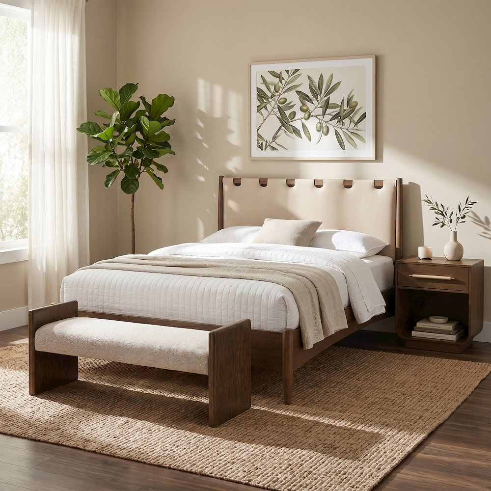 Hickory Beige Fabric Upholstered Bench