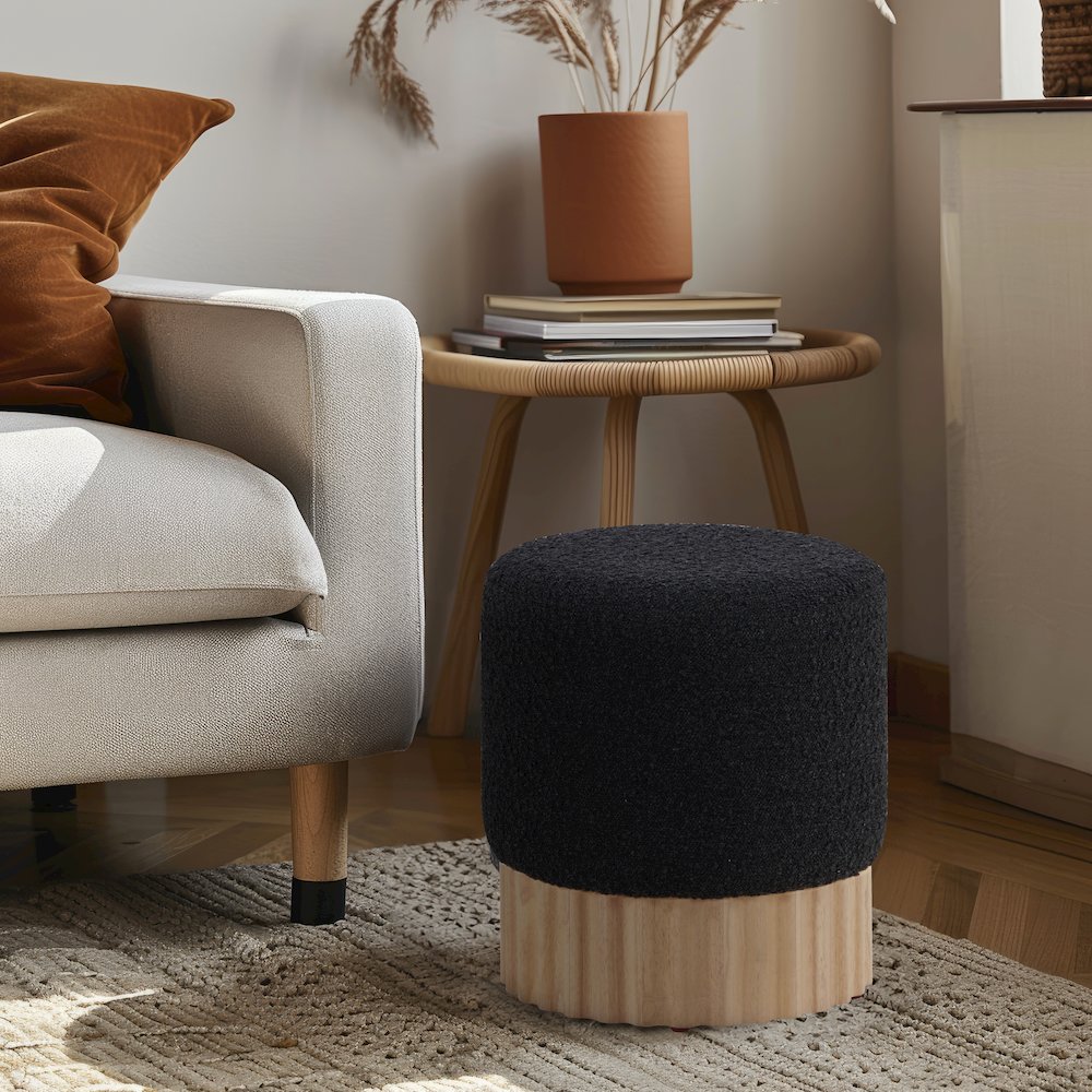 Veranda Black Boucle Fabric Ottoman/Stool