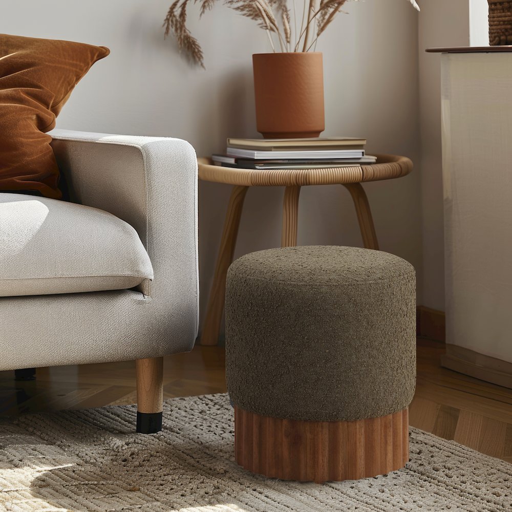 Veranda Olive Boucle Fabric Ottoman/Stool