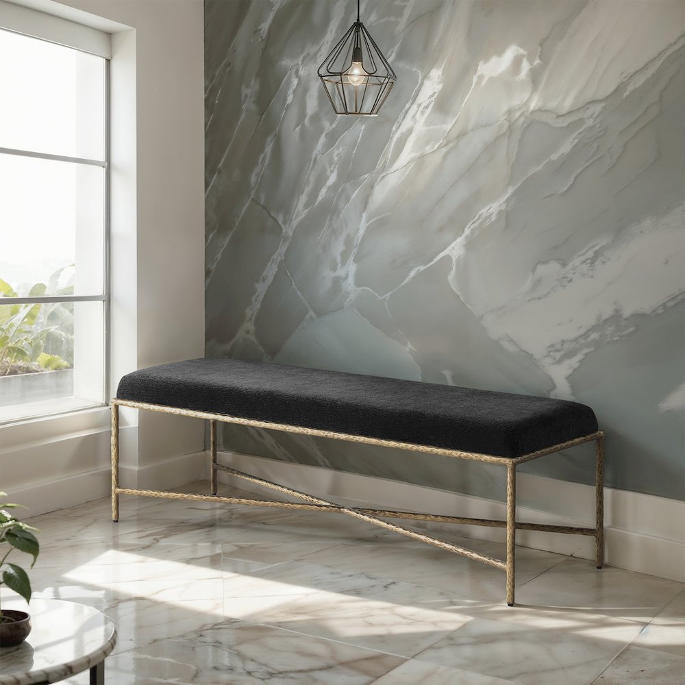 Valley Black Chenille Fabric Bench