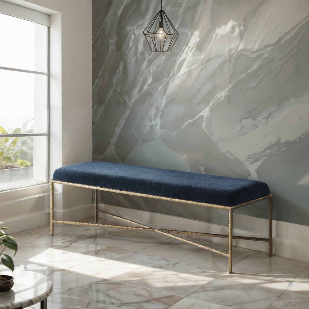 Valley Navy Chenille Fabric Bench