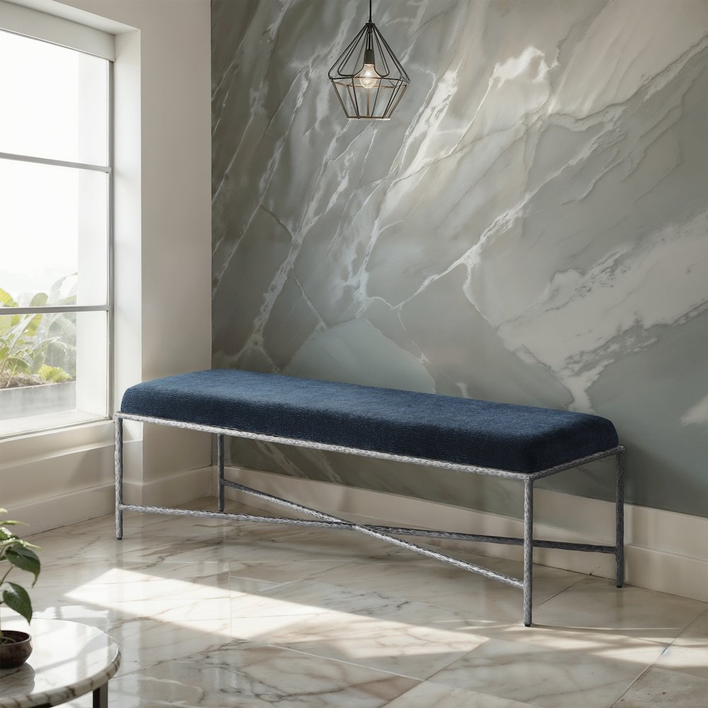 Valley Navy Chenille Fabric Bench