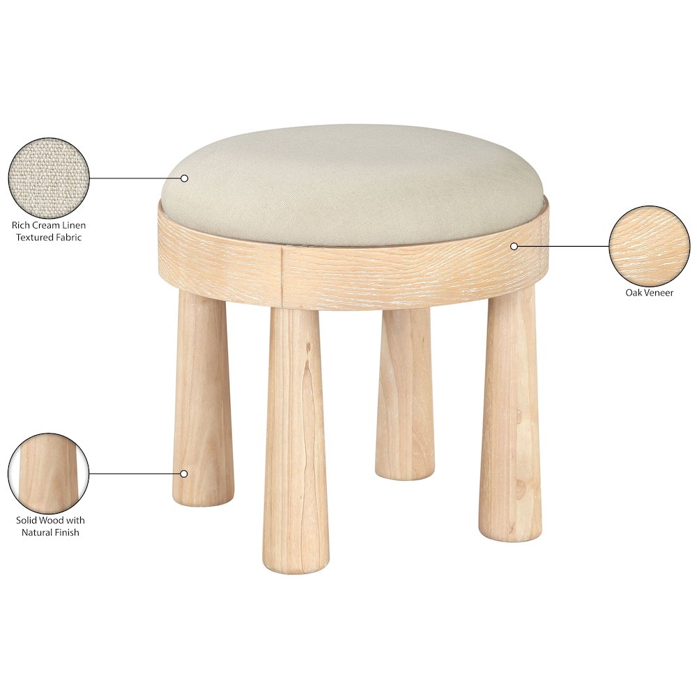 Larea Cream Linen Textured Fabric Upholstered Ottoman