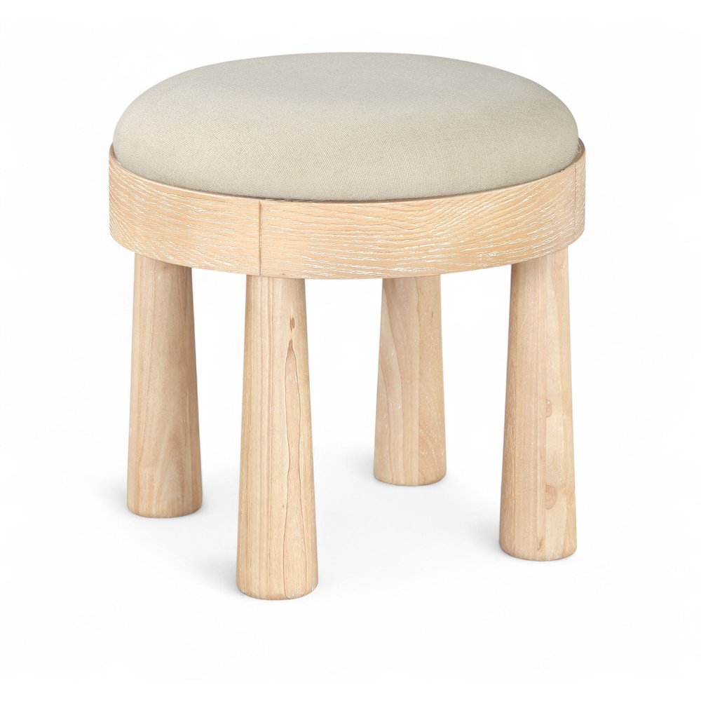 Larea Cream Linen Textured Fabric Upholstered Ottoman