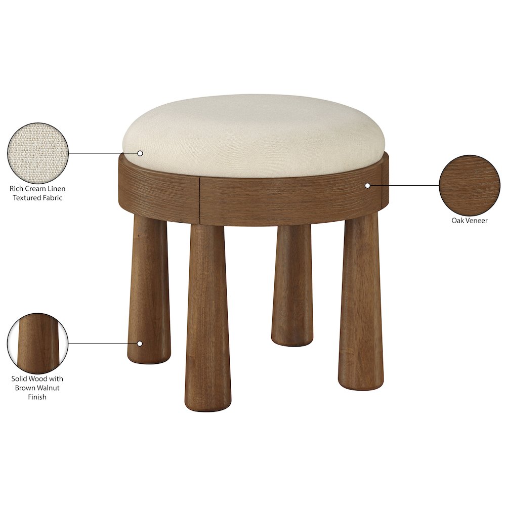 Larea Cream Linen Textured Fabric Upholstered Ottoman